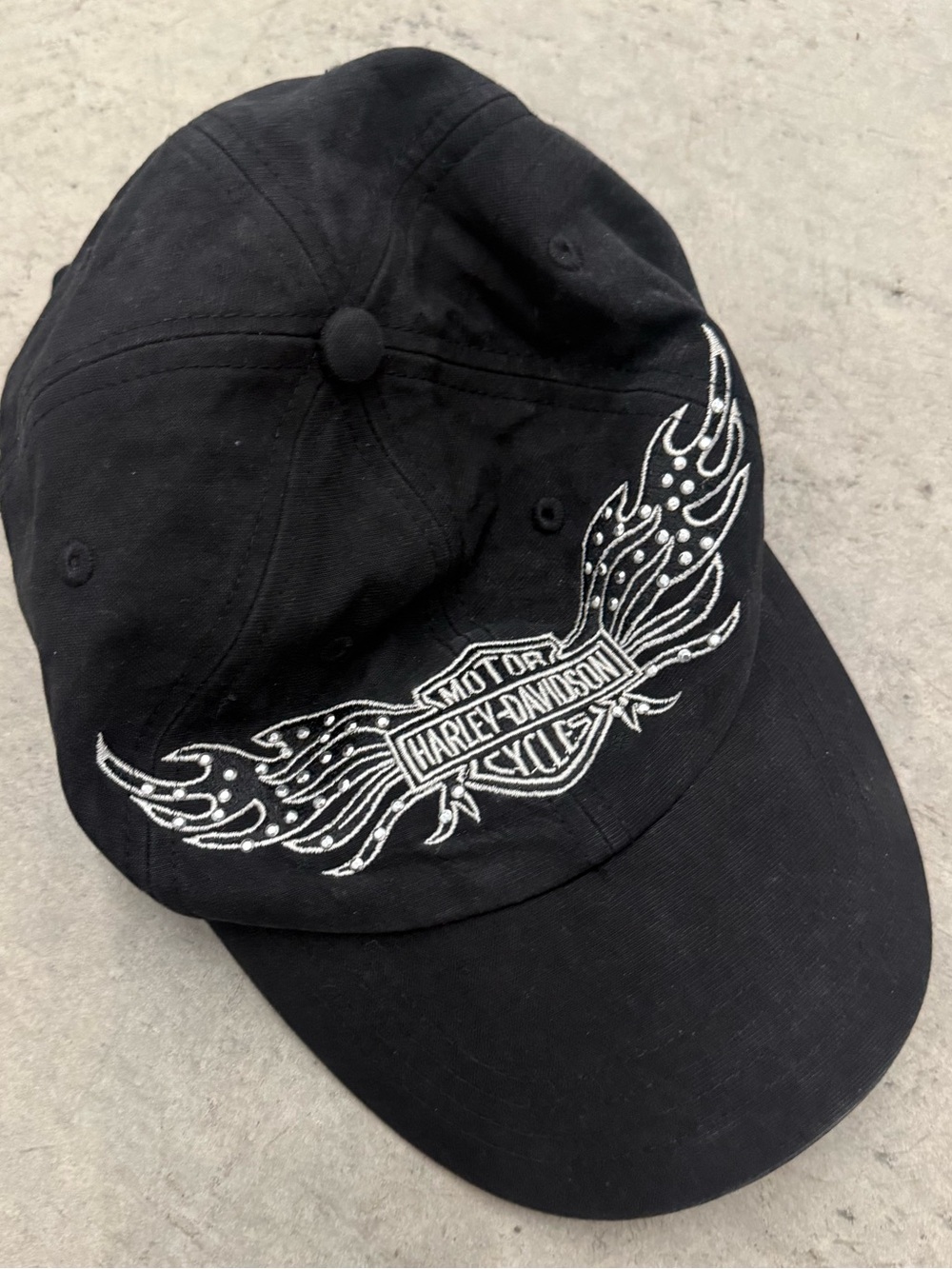 Black Harley Davidson LogoAdjustable Baseball Hat with Rhinestone Trim One Size